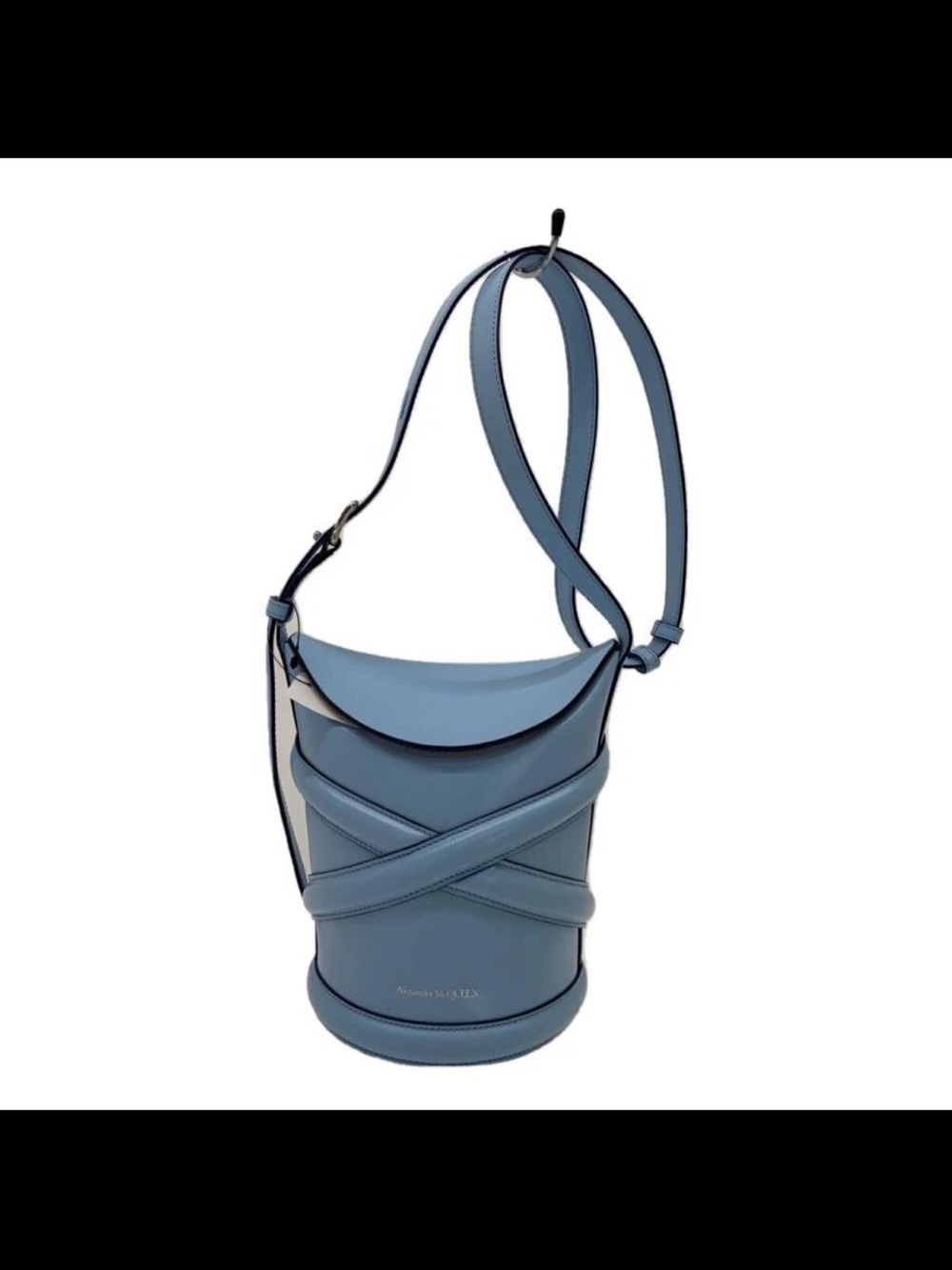 Alexander McQueen Powder Blue Leather Bucket Bag with Crossed Strap Detail